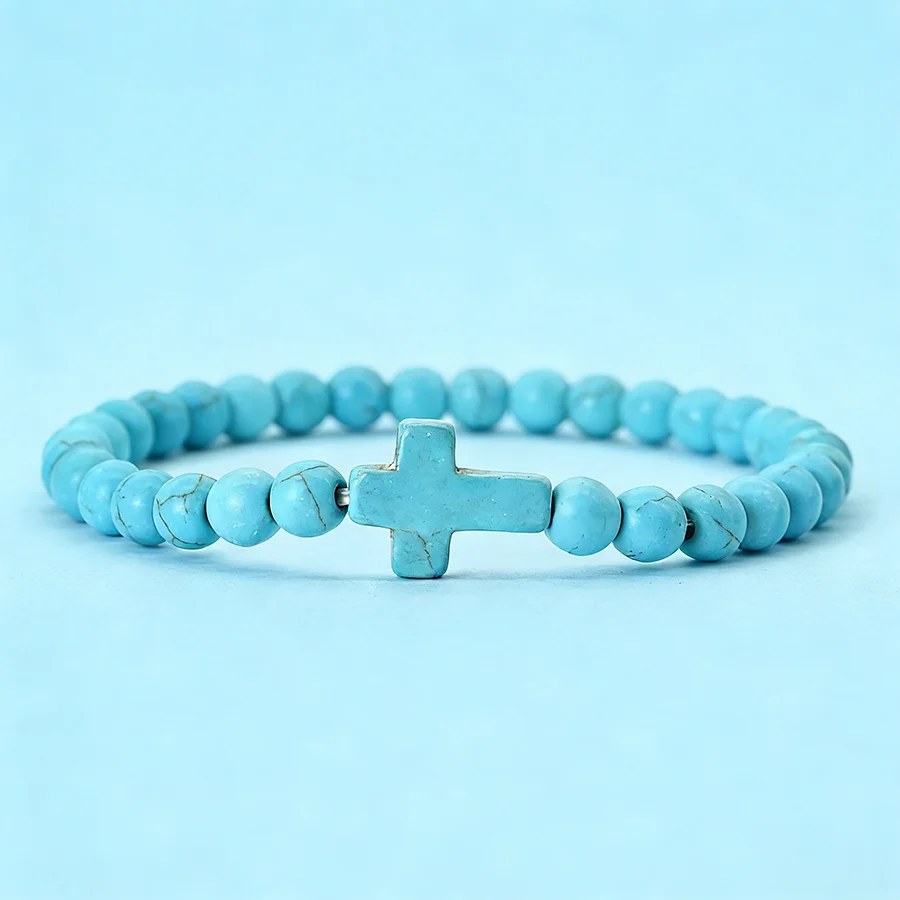 Minimalistische Eleganz Glücksbringer Perlenarmband Unisex 4 Farboptionen 6mm Stein-Kreuz-Armband Energieheilendes Handgelenk-Accessoire – Detail 8