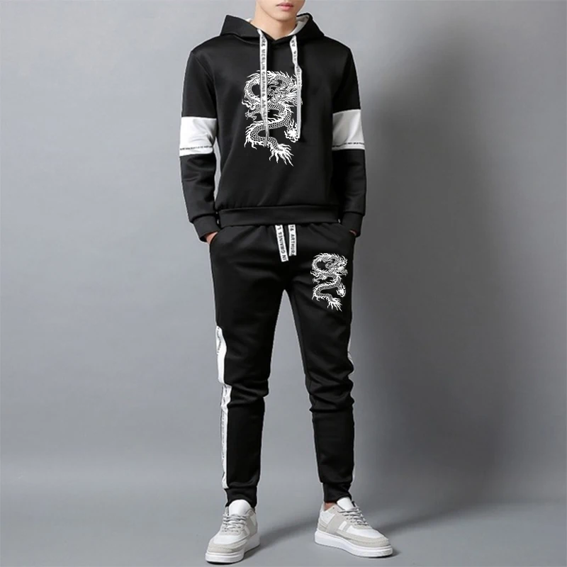 Men's Clothing Fashion Chinese Style Dragon Print Sports Wear Jogging Suits Hooded Tracksuit Set Hoodies+Sweatpants Sweat Suits