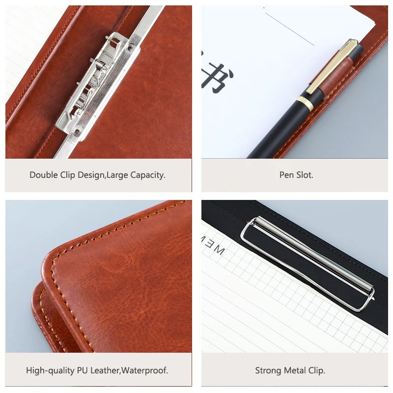 A4 PU Leather Padfolio Portfolio with Double Metal Clip and Memo Pad