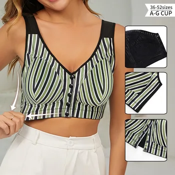 Women's Plus Size Front Opening Fashionable Striped Bra Comfortable Without Steel Rings Gathering Anti Sagging Vest Style Bra