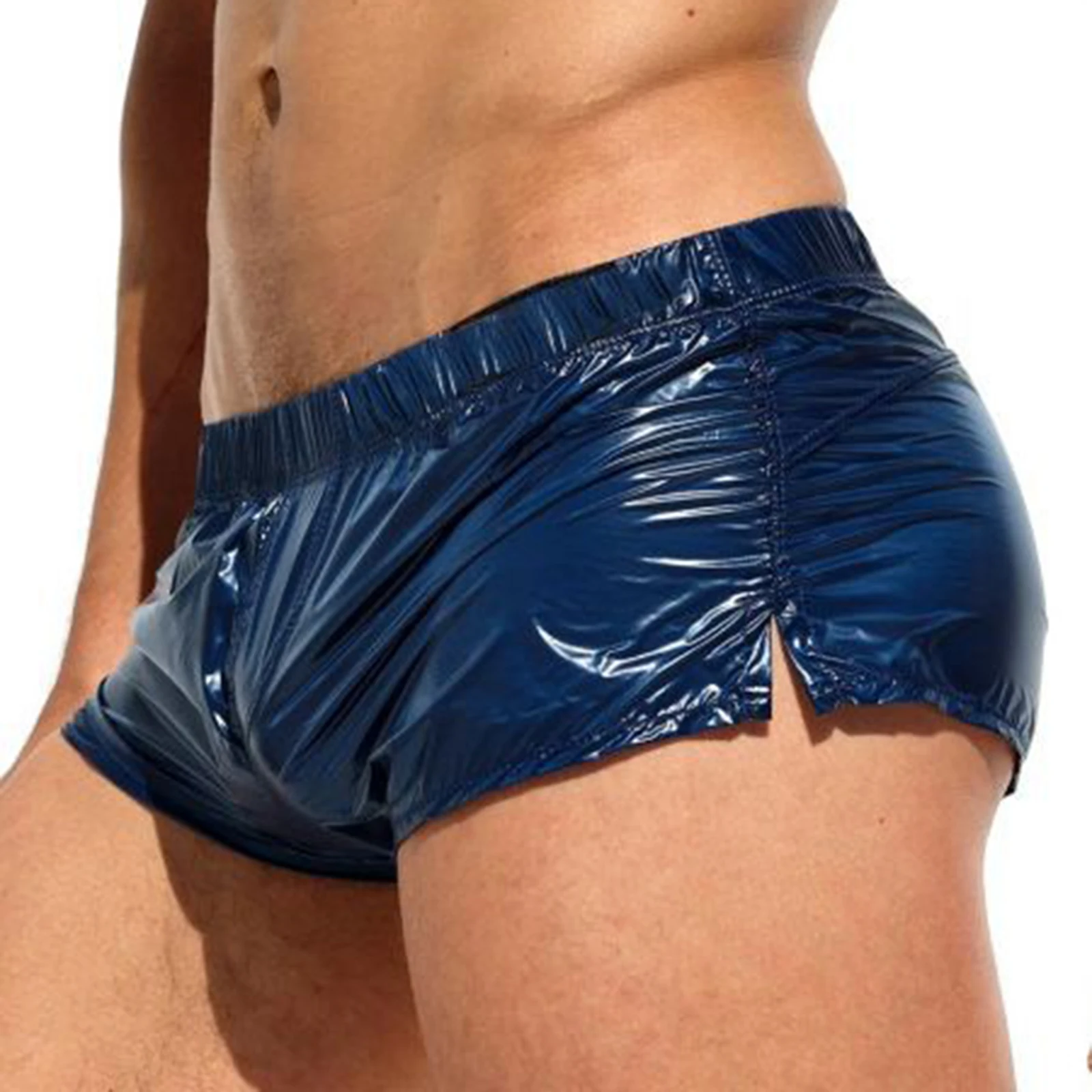 Mens Swim Shorts Slim Fit Glossy Swimming Trunks Bottoms Low Rise Sides Slit Shorts Vacation Beach Pool Party Nightclub Costumes 3