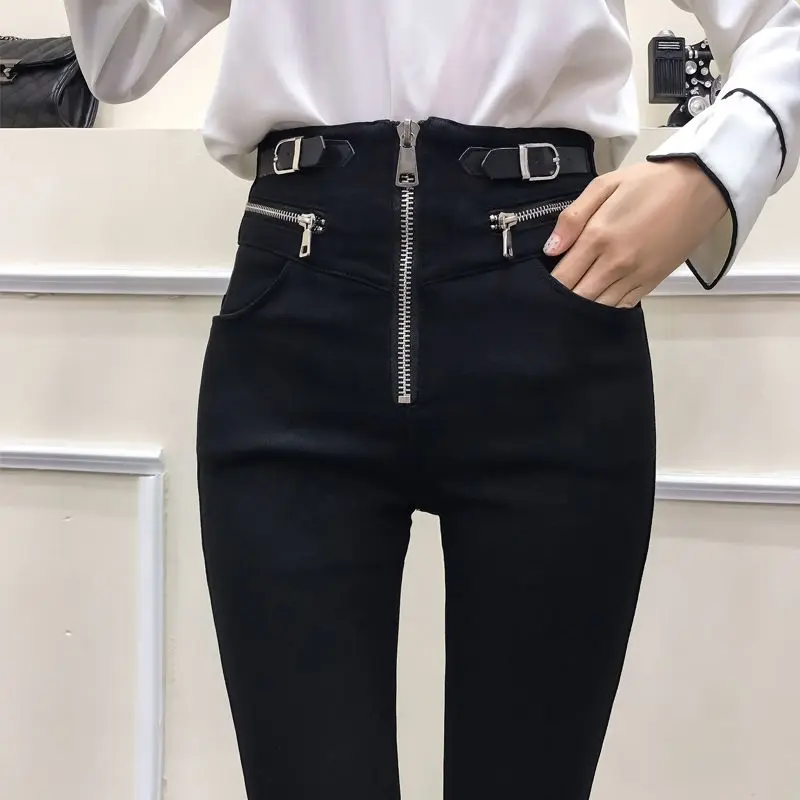Women's 2024 Autumn and Winter New Patchwork Zippered Pockets Solid Color Slim High Waisted Slimming Tight Magic Leg Pants