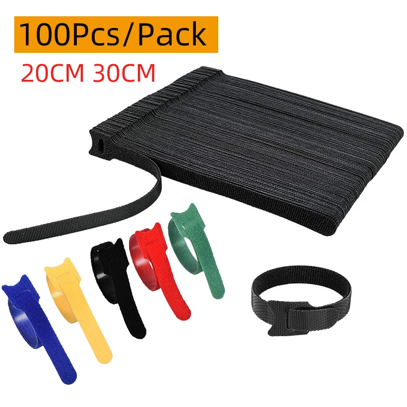 

100 Pcs Reusable Fastening Hook and Loop Cable Ties Wire Organizer Straps 12x200 12x300mm Adhesive Cord Management Cable Winder