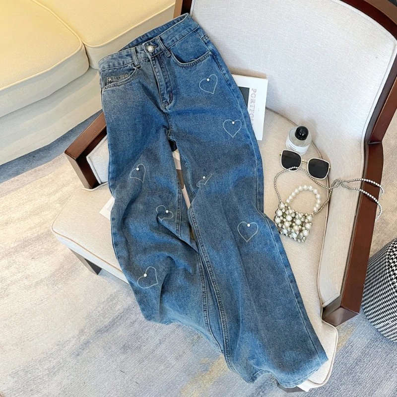Women's Denim Pants Korean Style Solid Color High Waist Ankle-Length Straight Wide Leg Jean Pant for 18-24 Years Old