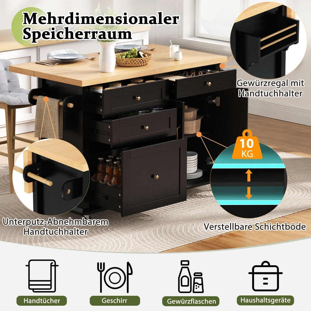 Mobile Kücheninsel mit Rollen und ausziehbarem Esstisch, Küchenwagen mit Schubladen, ideal für Küche und Esszimmer – Detail 27