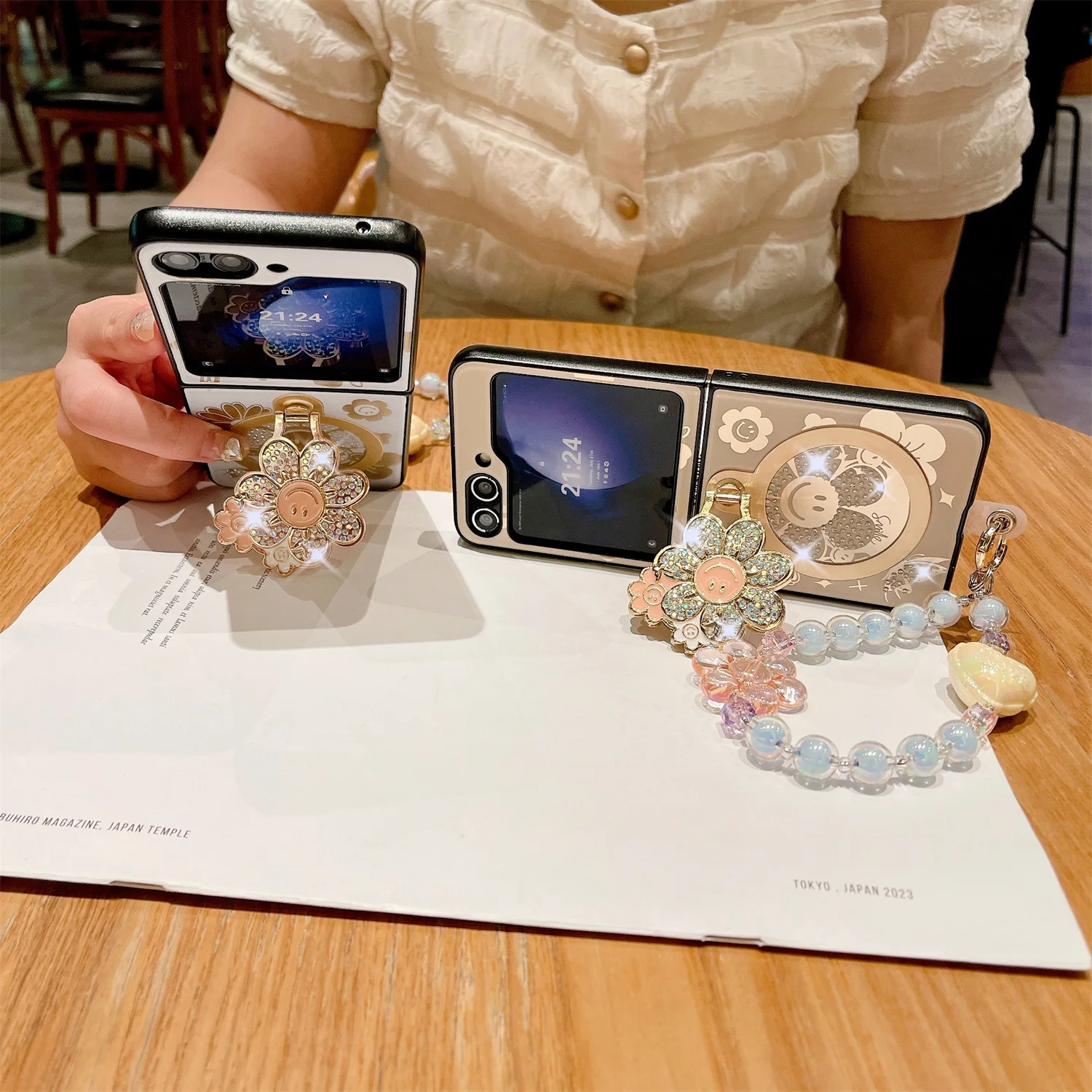 TYBOMB Luxury Pearl Keychain Floral Magnetic Ring Stand Case for Galaxy Z Flip 5/Z Flip 4/Flip 3 Wireless Charging Folding Cover