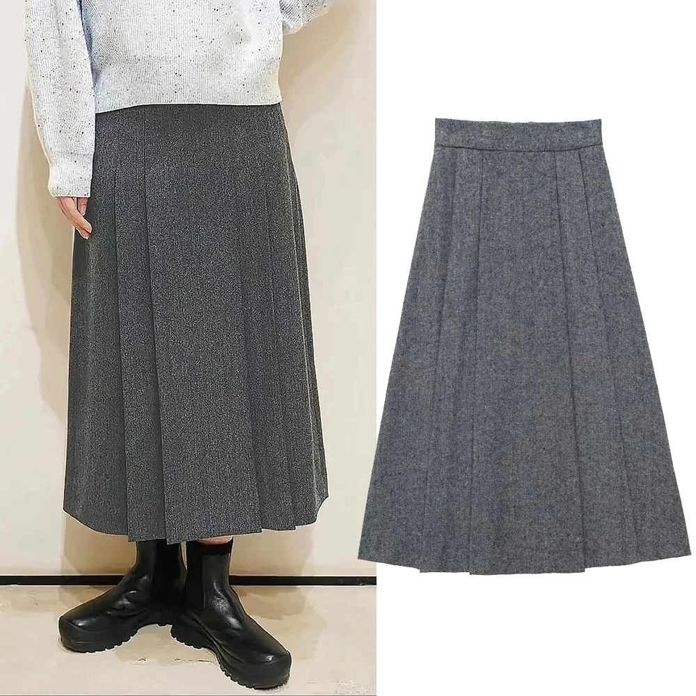 

TRAF Woman's Midi Cape Skirts Grey New Aesthetic Skirt Women Fashion High-Waist Long Skirts Female Korean Pleated Maxi Skirt