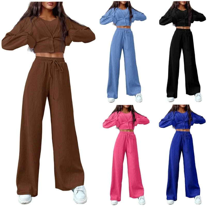 

Women Tracksuit Fall Long Sleeve Cardigan Long Pants Three Piece Set Outfit