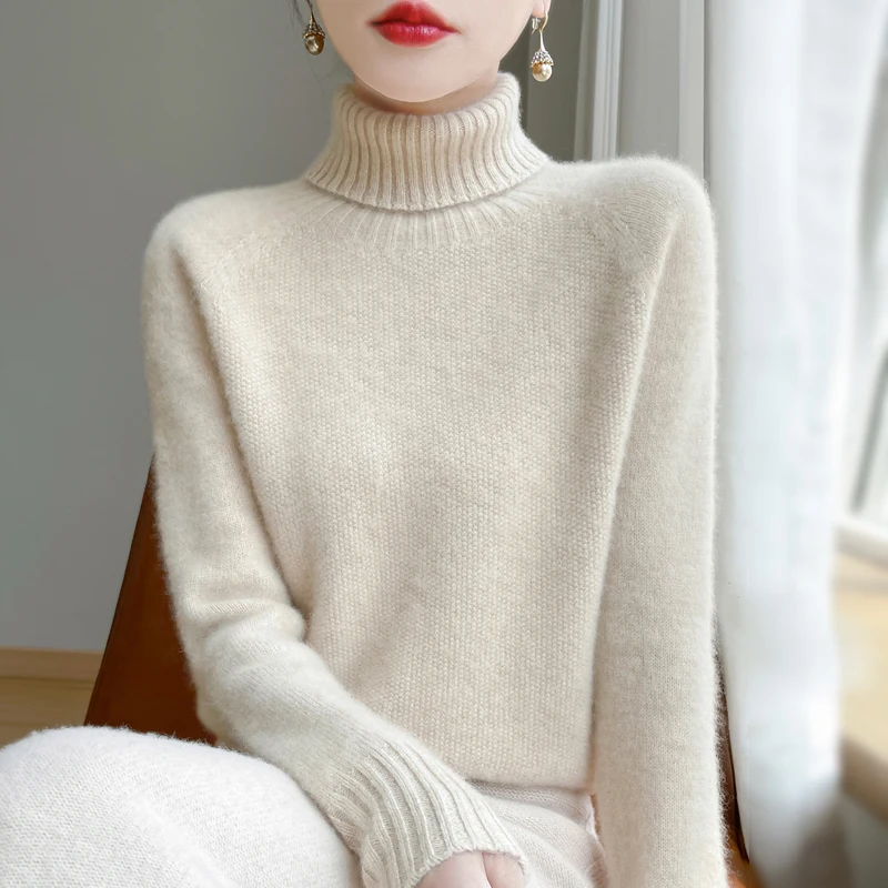 New seamless integration in autumn and winter 100% merino wool sweater women's high lapel loose slim warm knit bottoming sweater 6