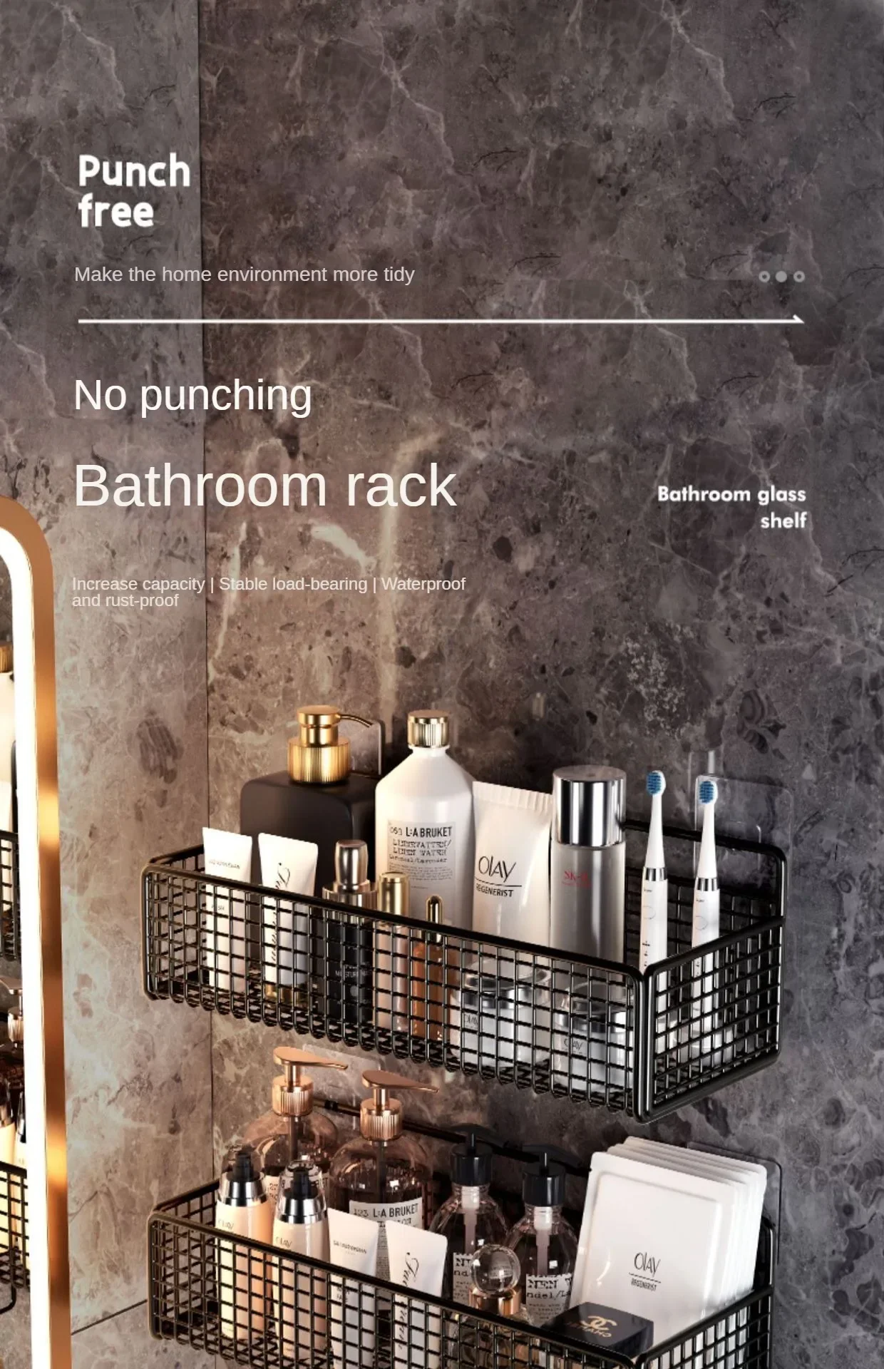 No drill bathroom storage shelf installed with toiletries and decor