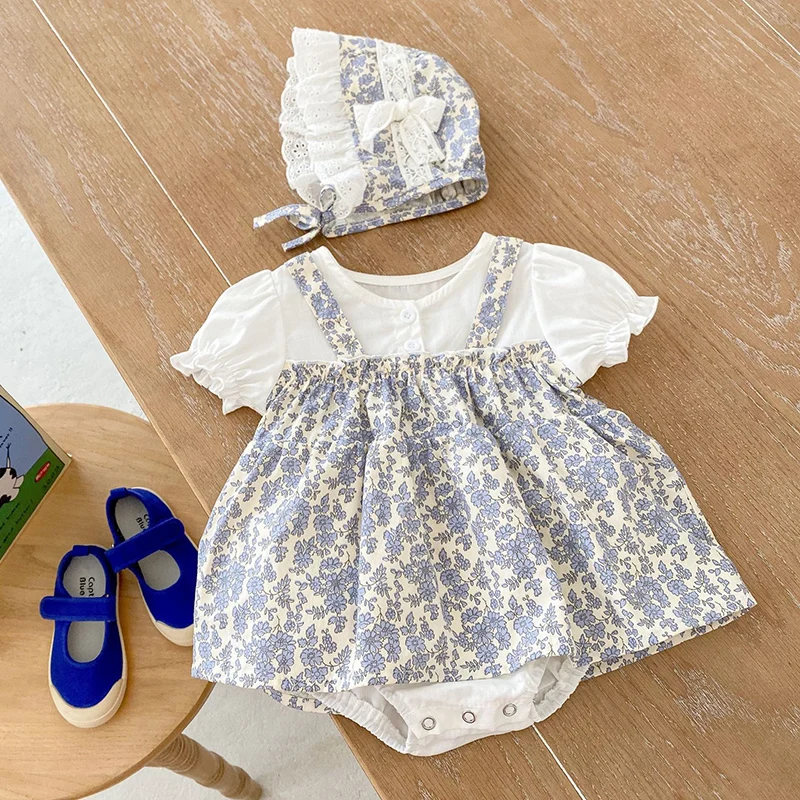 

2024 New Summer Infant Baby Girl Bodysuits+Hat Short Sleeved Cotton Print Splicing Toddler Baby Jumpsuit 0-24M Baby Clothes