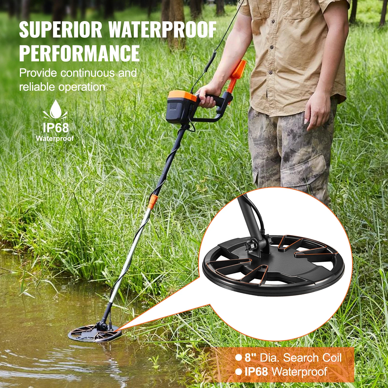 SucceBuy Metal Detector 8Inch Waterproof Search Coil & High Accuracy Pointer Display Adjustable 38''-49'' Aluminum Stem Detector