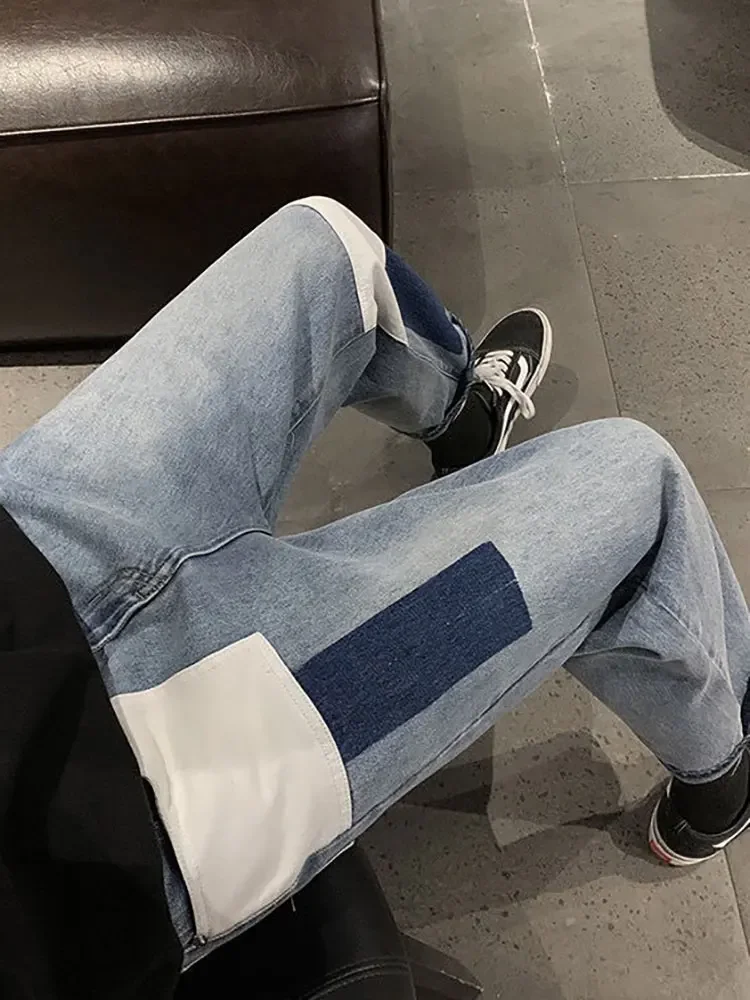 Foufurieux Colorblock Jeans Men Loose Straight Wide-leg Trousers Men  Spring Autumn 2023 Fashion High Street Hip-hop Style Trend 3