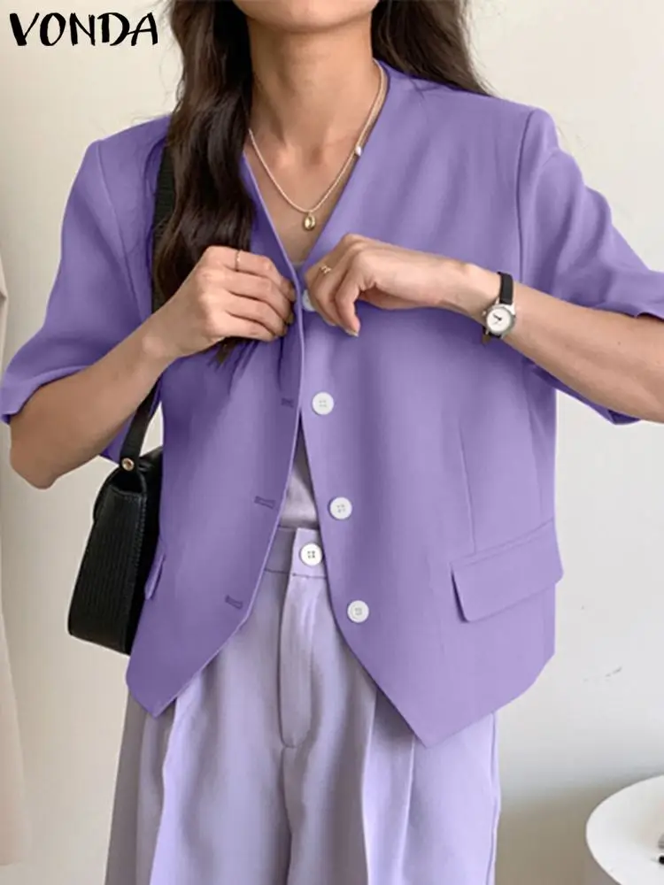 

2024 VONDA Elegant Summer Women Blazer Short Sleeve Shirts Sexy V-Neck Loose Coats Female Casual Buttons Solid Color Outwear