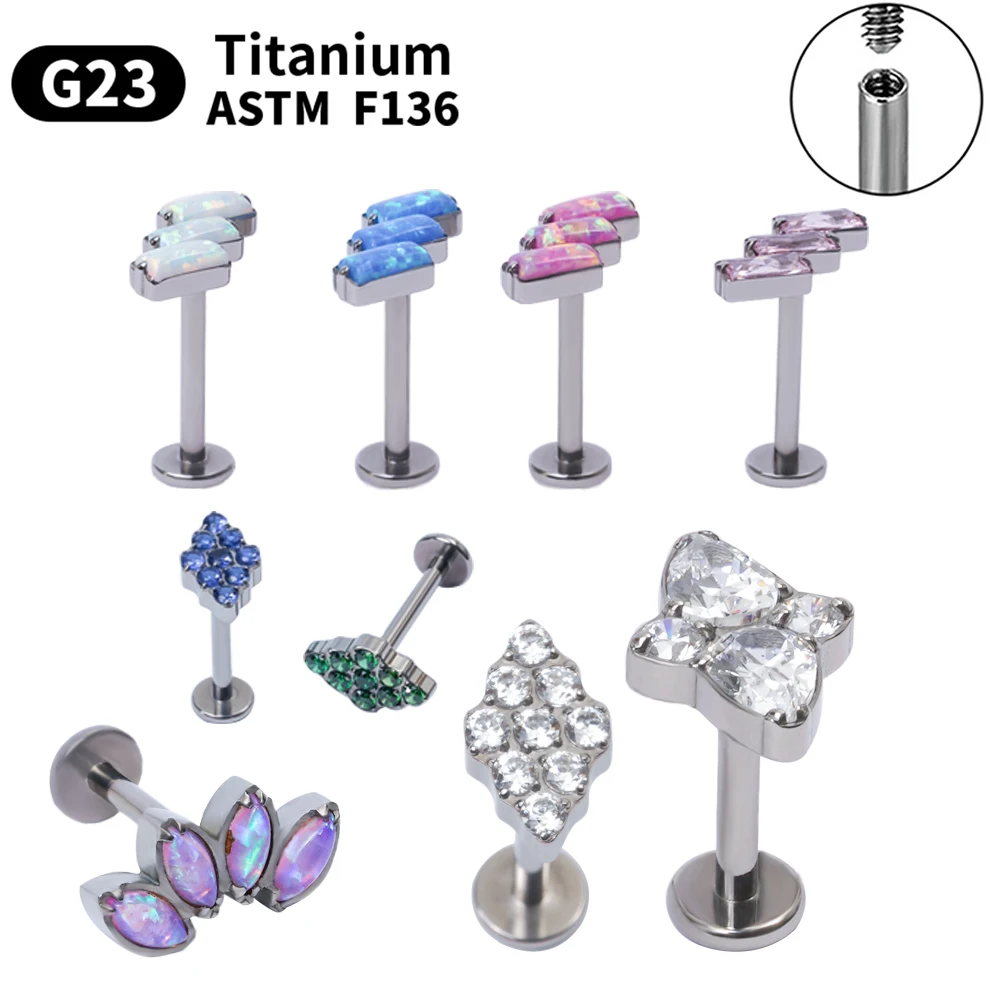 G23 Titanium 16G Stud Earring Piercing Internally Thread Opal CZ Helix