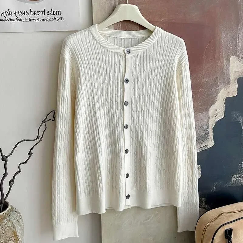 2025 New Casual Versatile Tops Autumn Winter Women's Crew Neck Cardigan Pure Color Long Sleeve Single Breasted Knitted Sweater