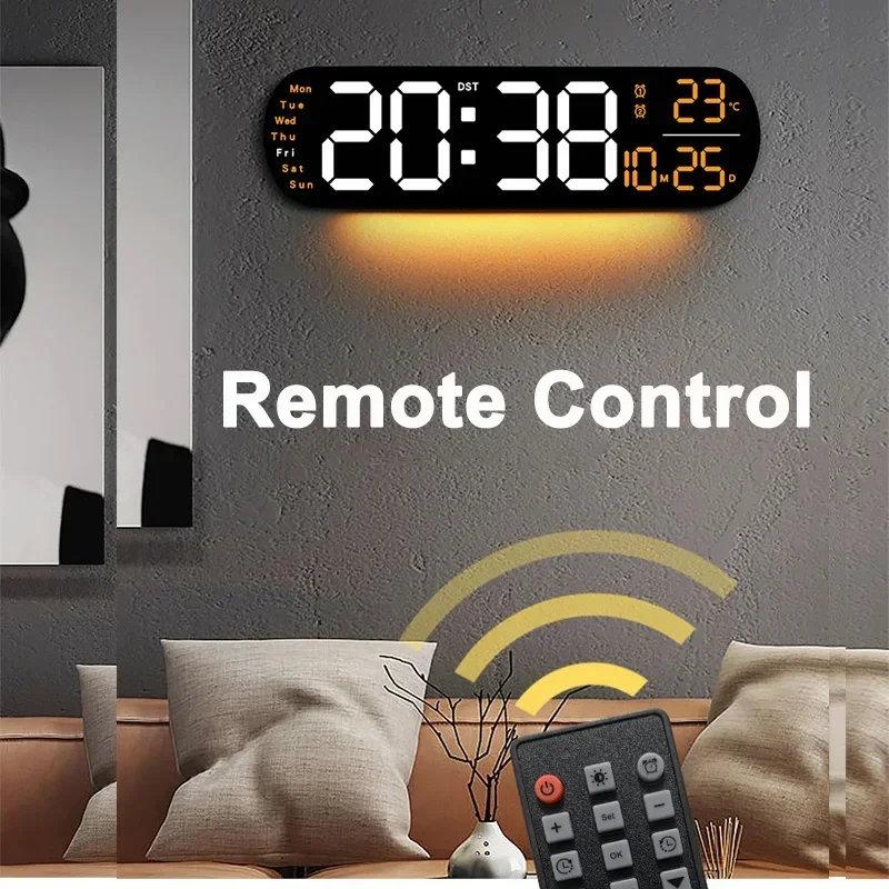 LED Digital Wall Clock Time Temperature Date Display Wall-mounted Adjustable Brightness Colors Remote Electronic Alarm Clock 5