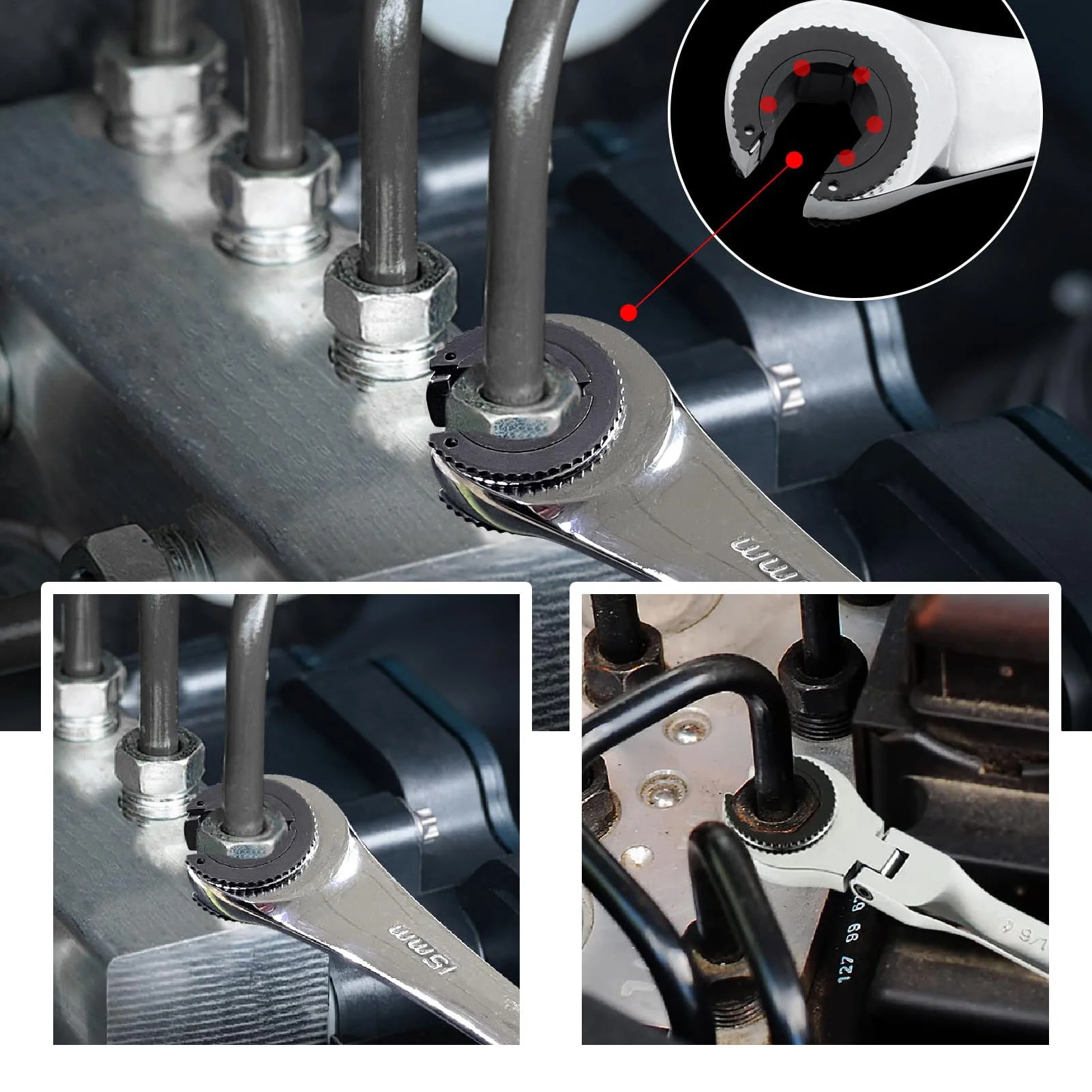 Brake Line Wrench Flexible Open Head 72 Tooth Ratchet Wrench CrV Steel Material 13mm for Mechanical Repair for Nut Tightening