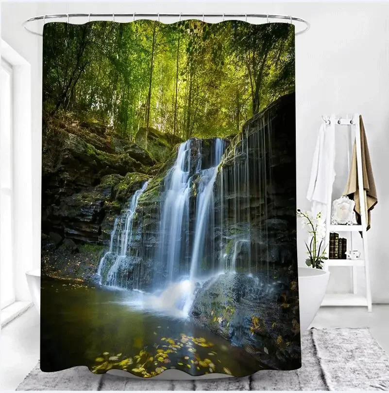 Tenda Da Doccia Foresta Cascata Verde - Impermeabile 130x220cm Con Ganci - Foto 8