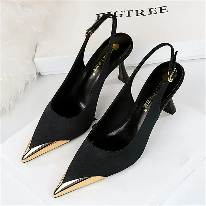 Women 7cm High Heels Basic Slingback Nightclub Dance Pumps Patchwork Stripper Low Heels Lady Metal Cap Toe Satin Wine Red Shoes 3