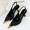 Women 7cm High Heels Basic Slingback Nightclub Dance Pumps Patchwork Stripper Low Heels Lady Metal Cap Toe Satin Wine Red Shoes 3