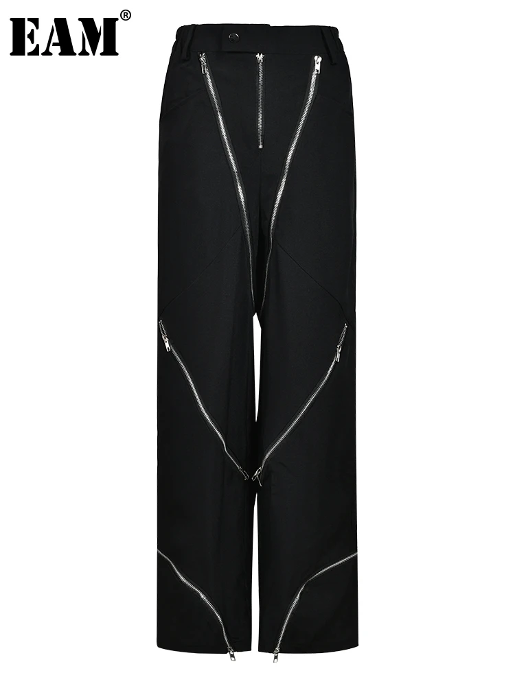 

[EAM] High Waist Black Zipper Wide Leg Personality Pants New Loose Fit Trousers Women Fashion Tide Spring Autumn 2024 1DH1546