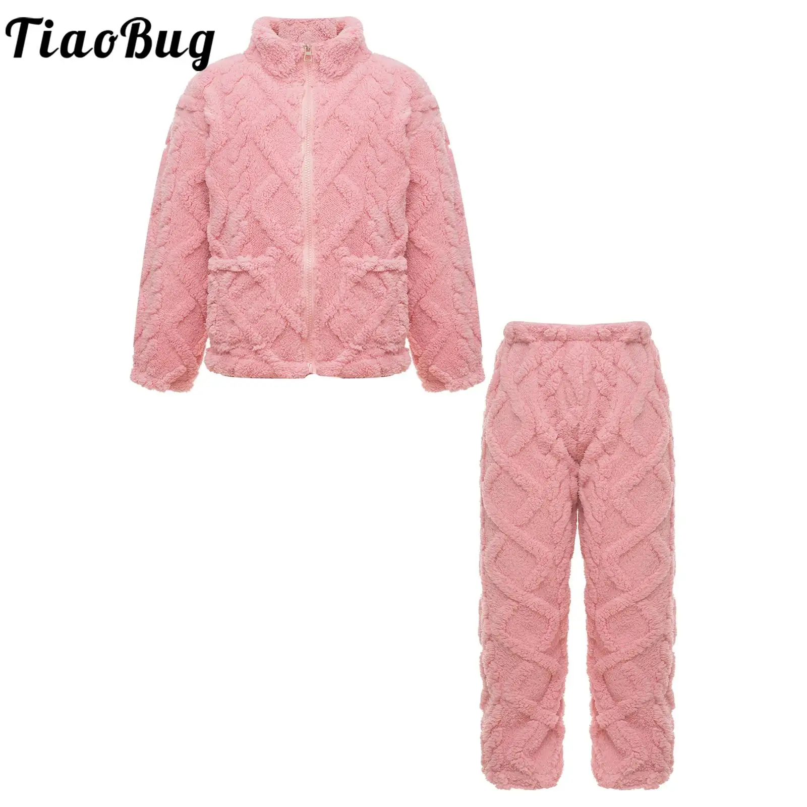 

2024 Kids Boys Girls Flannel Pajamas Set Homewear Unisex Children Nightwear Solid Color Stand Collar Long Sleeve Tops with Pants