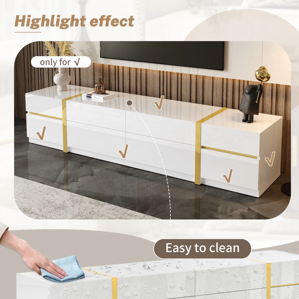 PINGGO Moderner Luxus-TV-Schrank mit Hochglanz-Oberfläche, Goldkanten, Schubladen und Türen, Großer Stauraum, TV-Möbel für Wohnzimmer – Detail 7