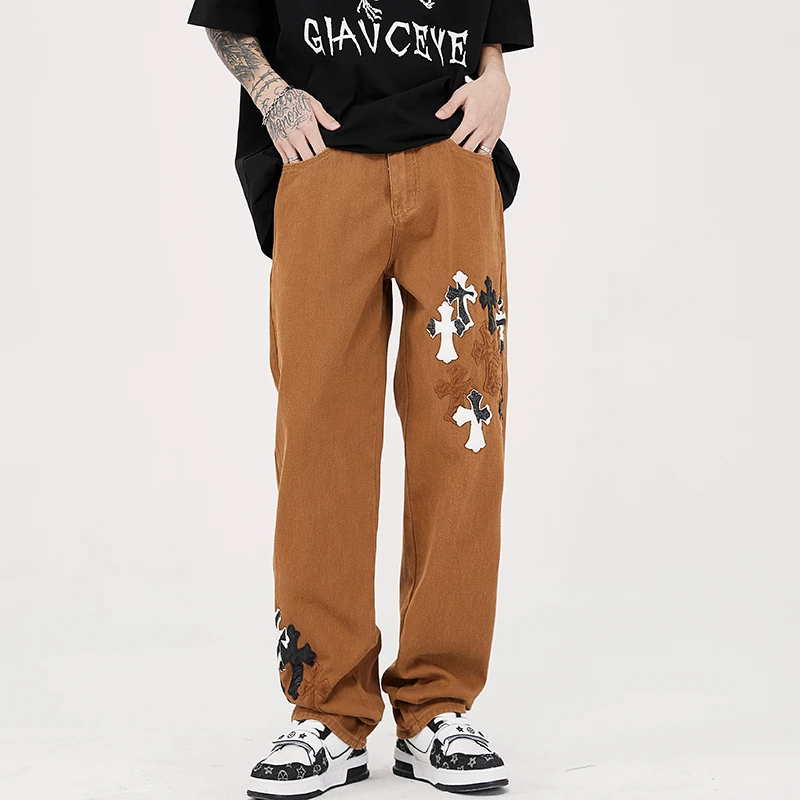 

Brown Men's Y2k Pants Baggy Cross Patched Denim Straight Leg Casual Wide Jeans For Male