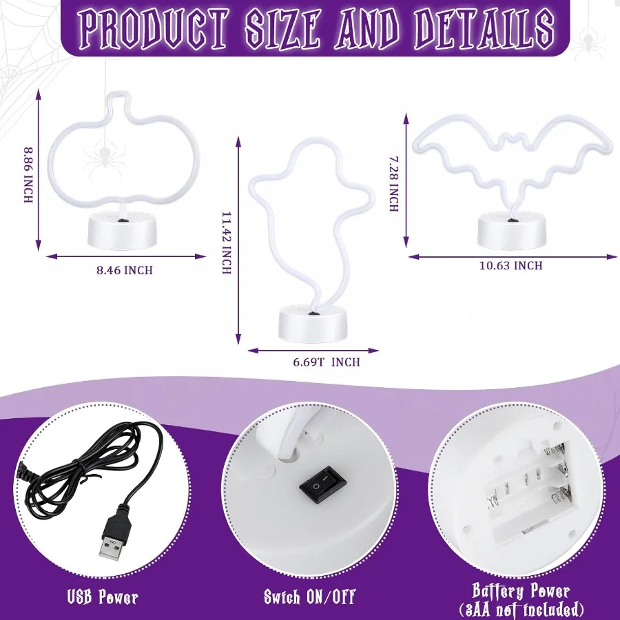 3 Pcs Neon Light Halloween Decorations LED Lamps Ghost Pumpkin Bat Shape Neon Signs Decorative Battery Operated Night Lights wi