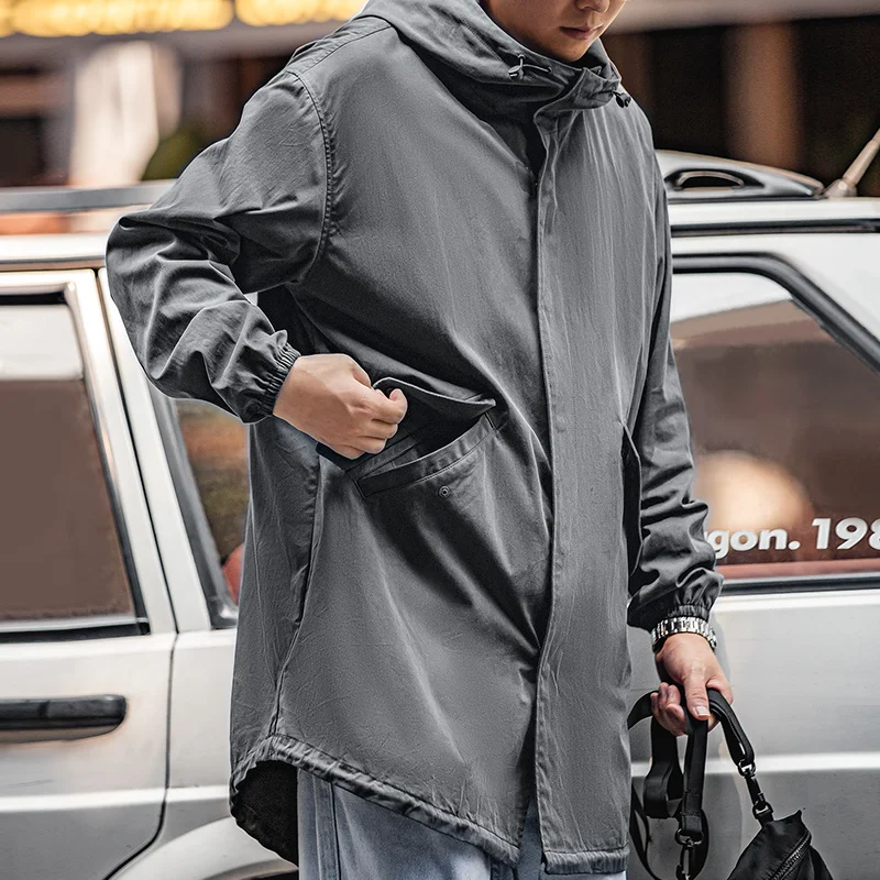Maden Retro M51 Windbreaker Hooded Parka Fish-tail Hem Print Jacket Long-length Gray Overcoat for Men Spring and Fall Outerwear