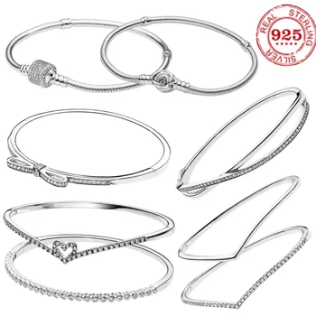 Fashion 1005 sterling silver Moment heart-shaped Bow Convergence Charming bracelet Women's DIY Fine Jewelry Anniversary gift