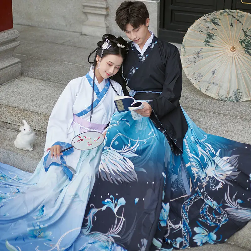 

Couples Hanfu Weijin Dynasty Clothes Chinese Traditional Costume Embroidery Suit For Men Women Adult Cosplay Black Blue White