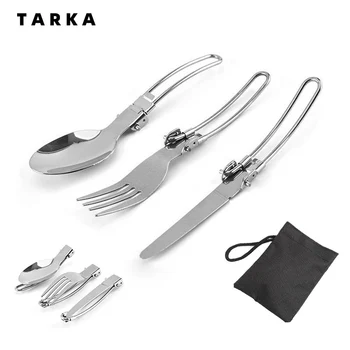 TARKA 스테인리스 스틸 접이식 포크 나이프 스푼 세트, 야외 캠프 피크닉 슬라이스 식기, 하이킹 관광 요리 용품