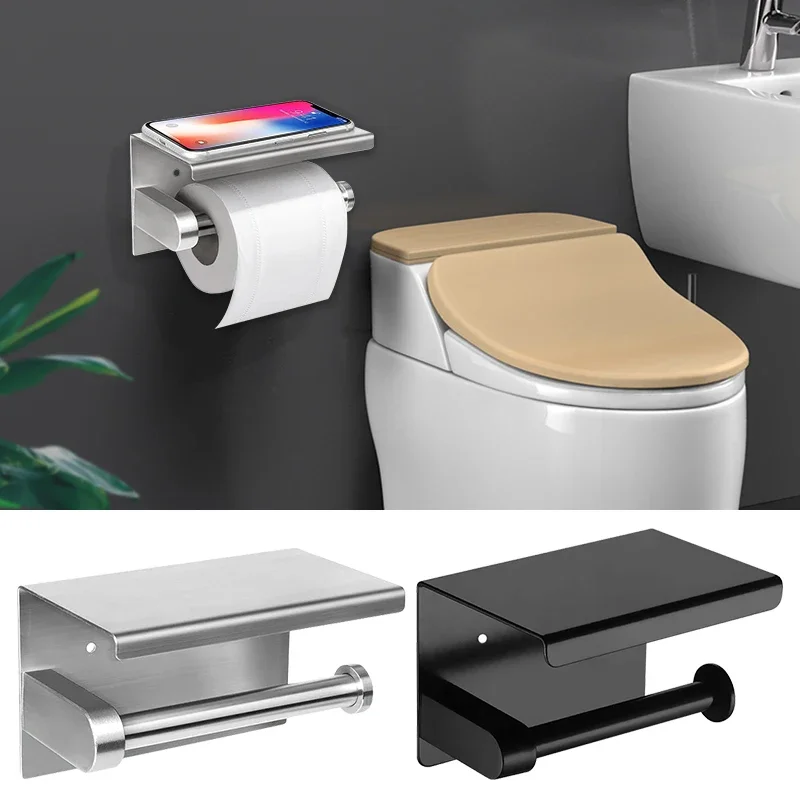 Stainless Steel Toilet Paper Roll Holders Shelf with Phone Storage Holder Tray for Bathroom Kitchen Easy To Install Accessories