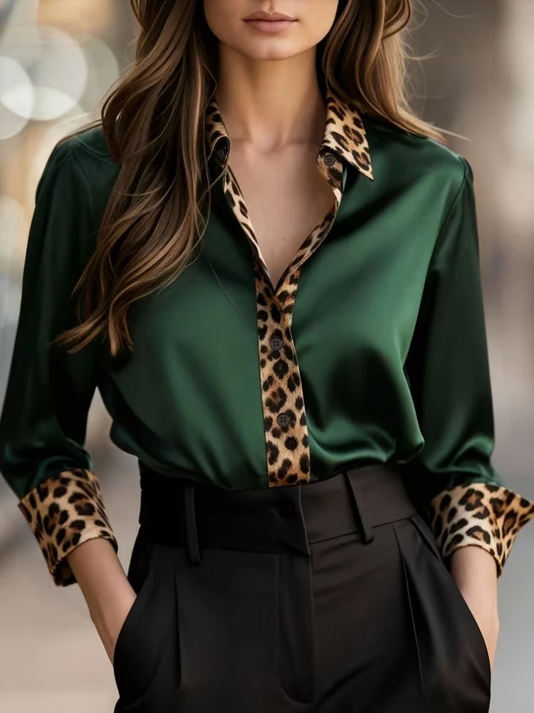 Spring Autumn New Women's Leopard Print Lapel Cardigan Color Tin Satin Long Sleeve Long Sleeve Shirt Elegant Solid Color Blouse
