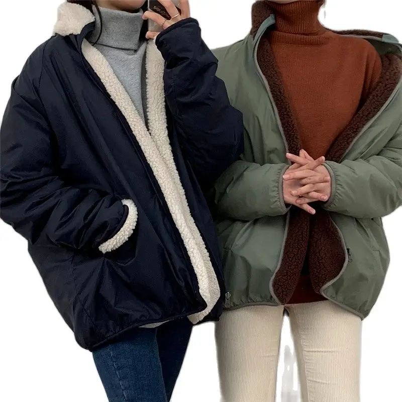 Reversible Berber Fleece Korean Fashion Women Coat Contrast Color Long Sleeves Stand Collar Winter Warm Girls Jacket