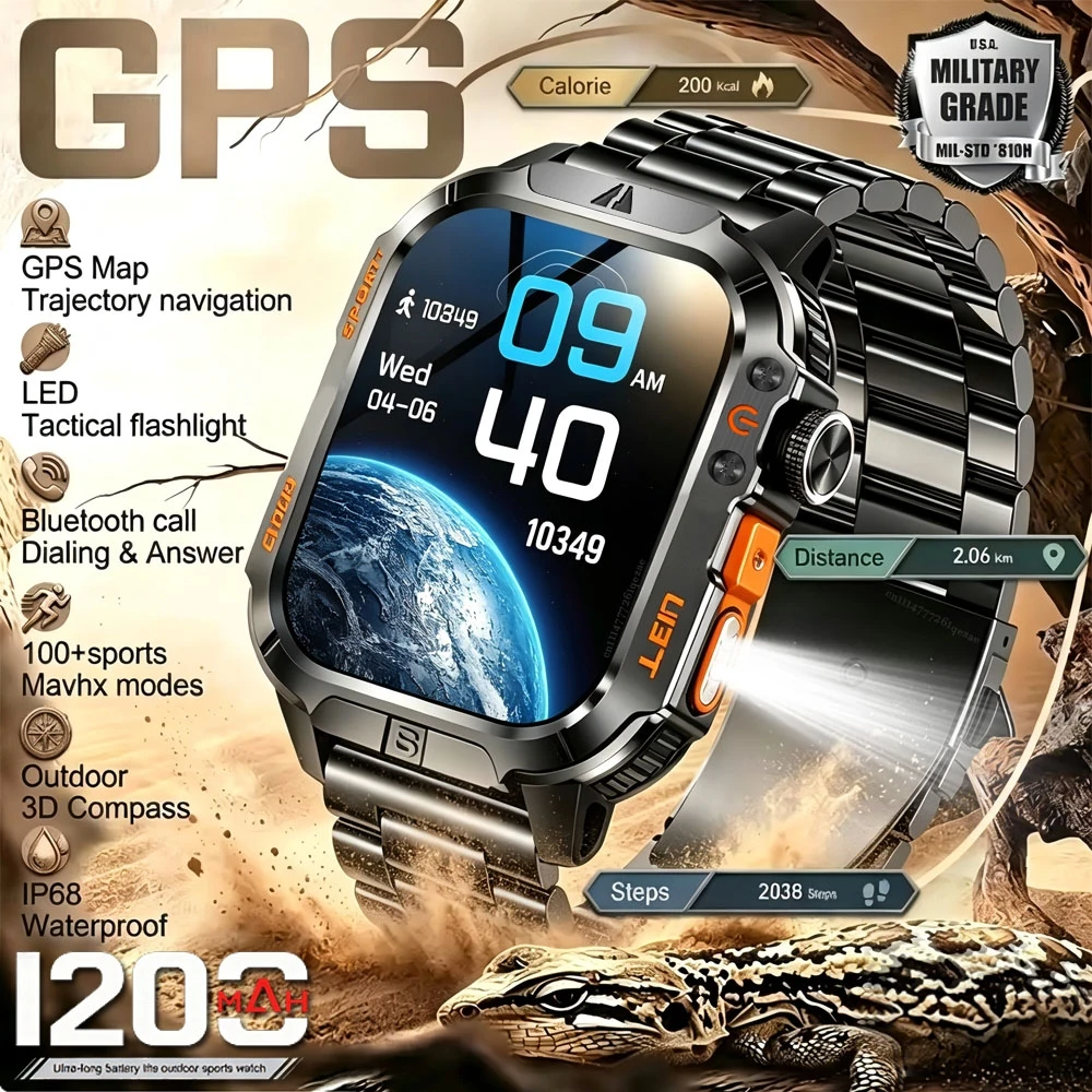 2026 New Military-grade GPS Position Smart Watch Men Map Navigation Compass 100+Sports Waterproof Swim 1200mAh Smartwatch 1