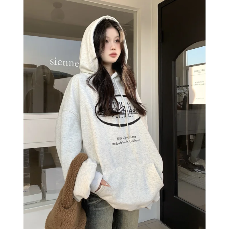 

Spring NEW Women Clothing Korean Fashion Y2K Baggy Grey Pullover Sweatshirt Letter Raglan Sleeves Long Sleeves Hoodie Tops