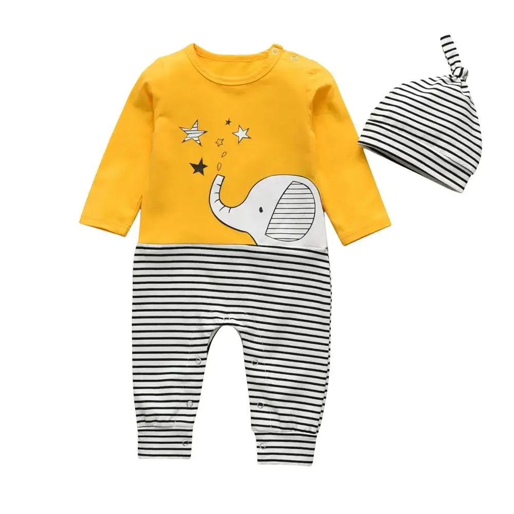 Spring Autumn Newborn Infant Baby Boys Romper Clothes Cartoon Elephant Pattern Cotton Long Sleeve Jumpsuit and Hat 2pcs Outfit 1