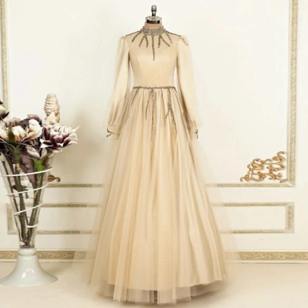 

A-Line Elegant Moroccan Caftan Floor Length Full Sleeve O Neck Muslim Prom Dresses Arabic Beadings Ball Gown Robe De Soiré