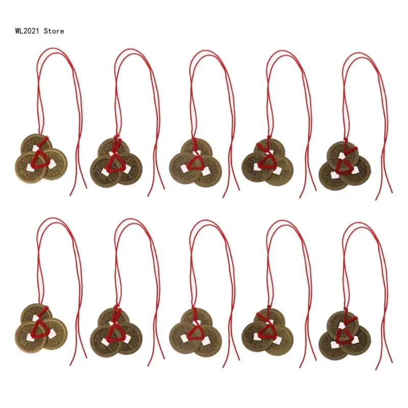 

10 шт., китайские монеты удачи, монеты фэн-шуй, комплект монет I-ching, традиционные монеты с красной нитью для богатства и