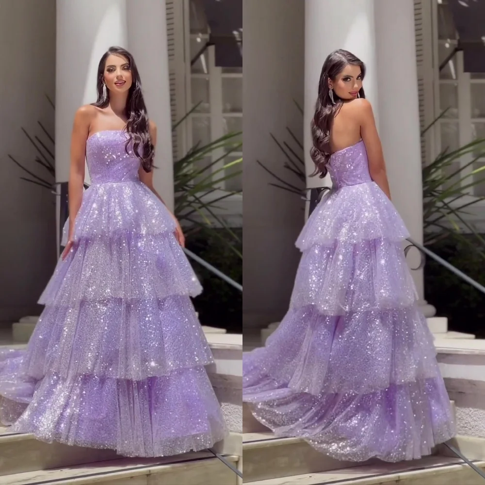 

Sparkle Strapless Ball Gown Sweep/Brush Evening Dresses Paillette / Sequins Layered Net/Tulle Formal Occasion Gown فساتين سهره ن
