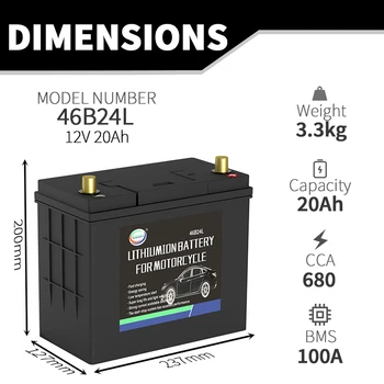 Batteria per auto 46B24L/R 12V 20Ah LiFePO4 Batteria automobilistica incorporata BMS Batteria di avviamento al litio ferro fosfato senza manutenzione