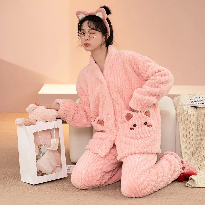 2024 New Coral Velvet Pajamas Women Winter Plus Fleece Thick Sleepwear Leisure Cardigan Sweet Lovely Nightwear Autumn Homewear