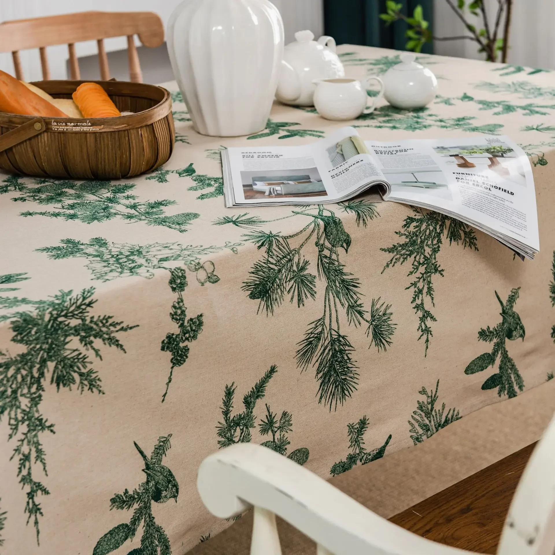 Cotton Linen Printed Pine Rectangular Fitted Tablecloth for mantel mesa party wedding kitchen dining decor table met cover - Image 5