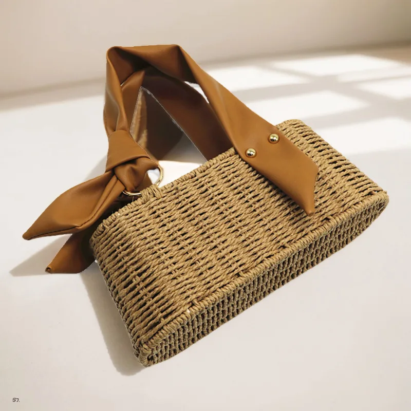 Bohemian Woven Box Bag Knot Handle Women Designer Handbags Handmade Paper Rope Straw Basket Bags for Women Travel Beach Bag Chic
