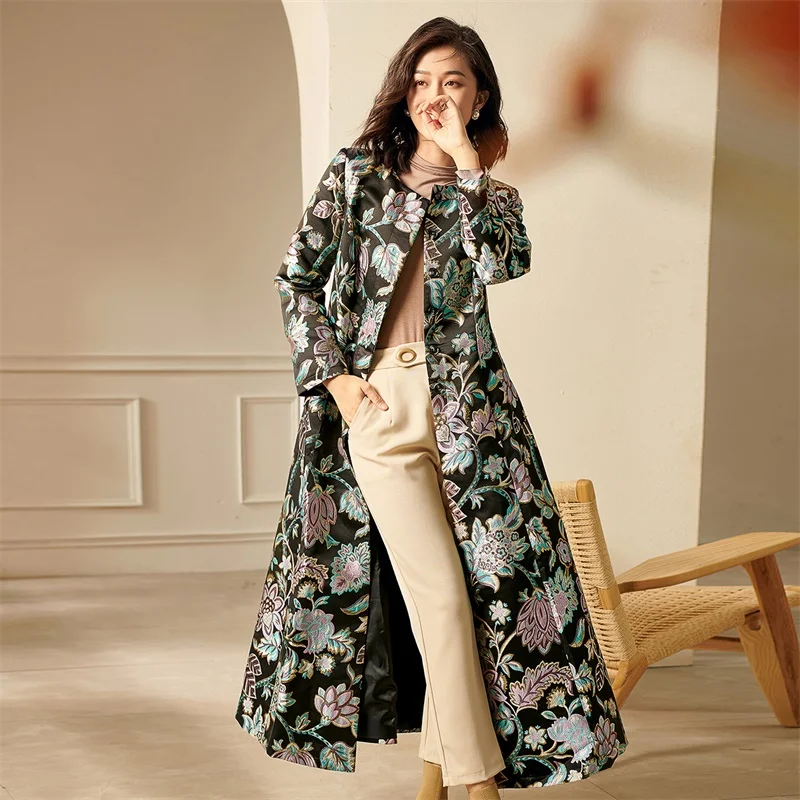 

England Style Jacquard Coat Trench Windbreaker Women Long Coat Double Breasted Luxury Jacket Oversized Overcoat Vintage Women