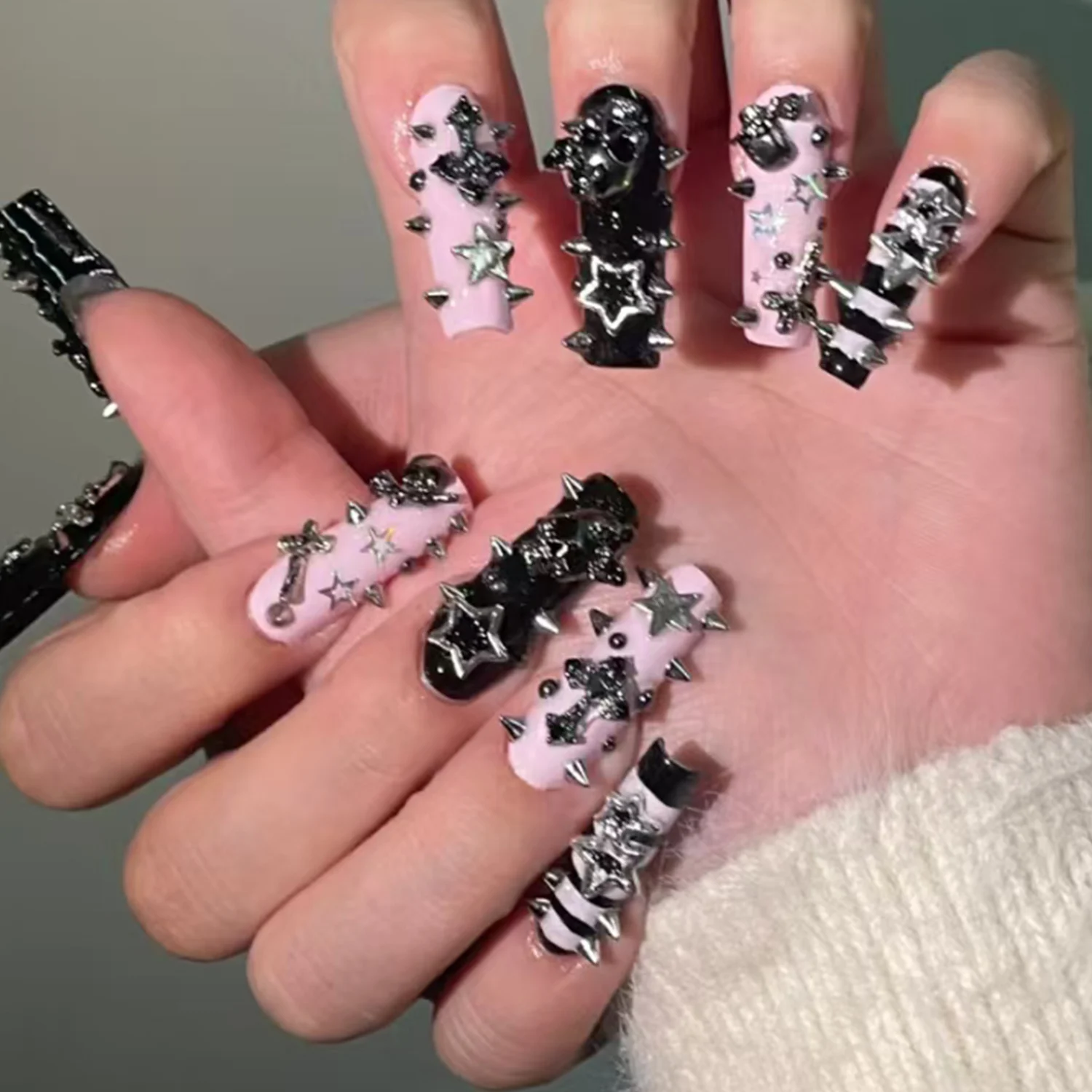 Metallic Black Silver Nail Charm Punk Rivet Decorations