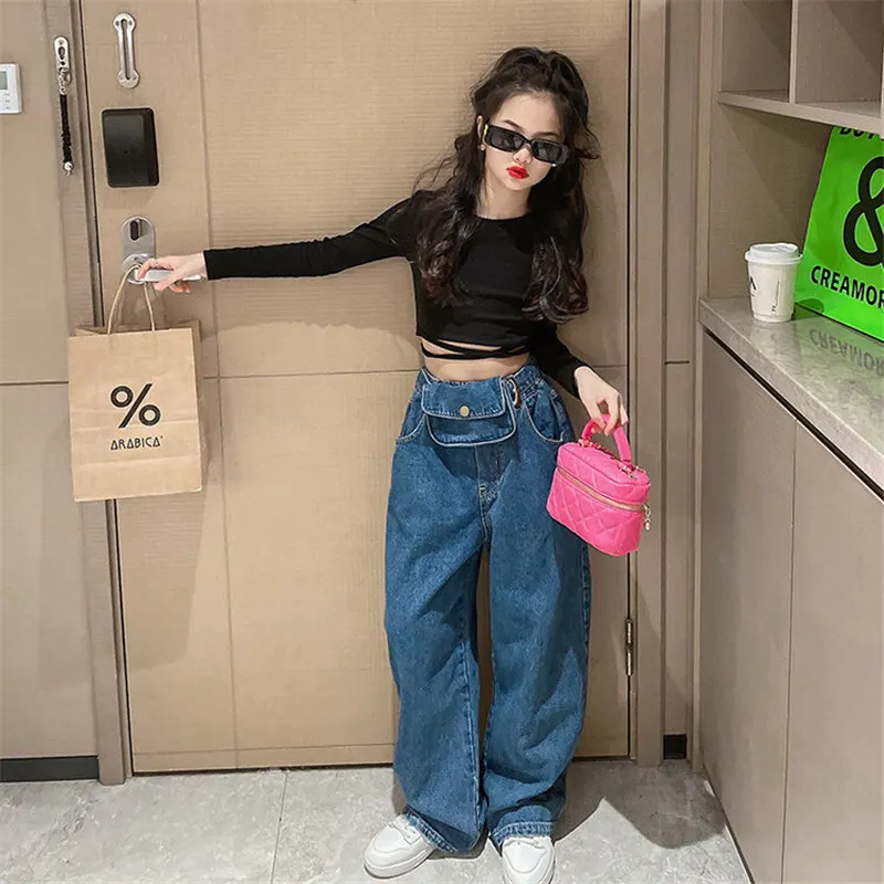 Spring Autumn Girls T Shirt Top with Straps Cross Teenage Tee Shirt Toddler Children Clothes Fashion Kids Crop Top 5-14Years Old 4